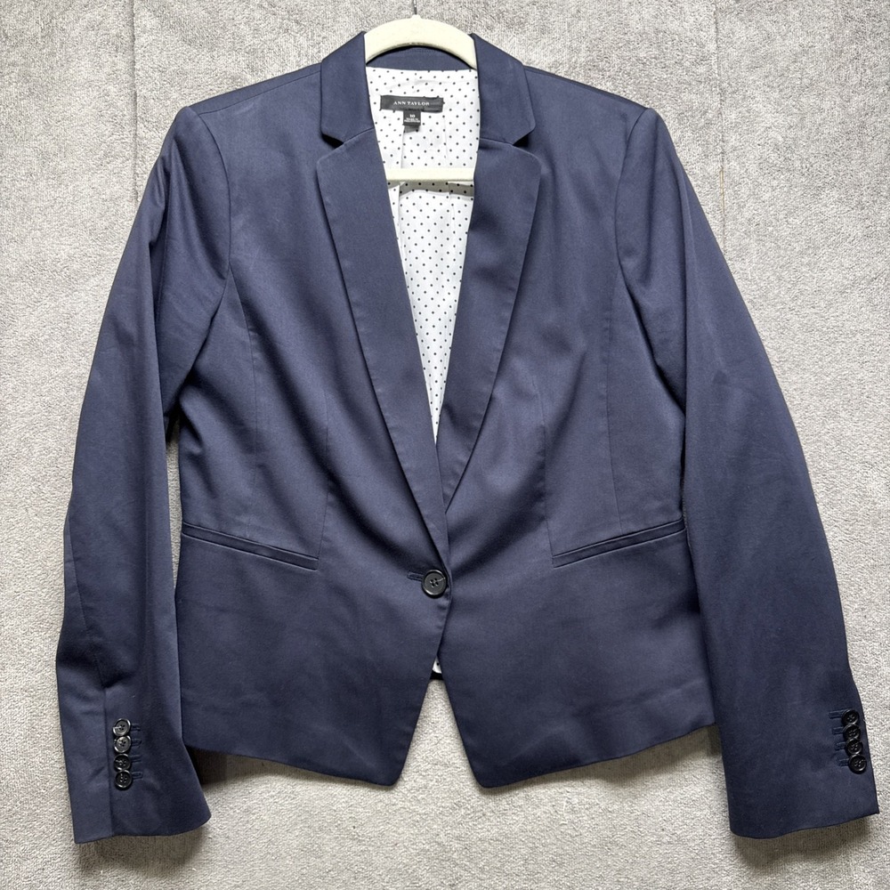 Ann Taylor Navy Blue‎ Blazer 10 Women's Working Cuff Career Office Jacket Preppy